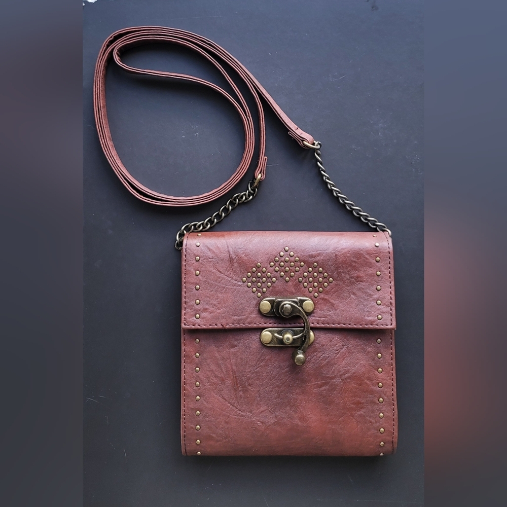 Mossimo Brown Vegan Leather Brass Studded Mini Crossbody Handbag 6" Square